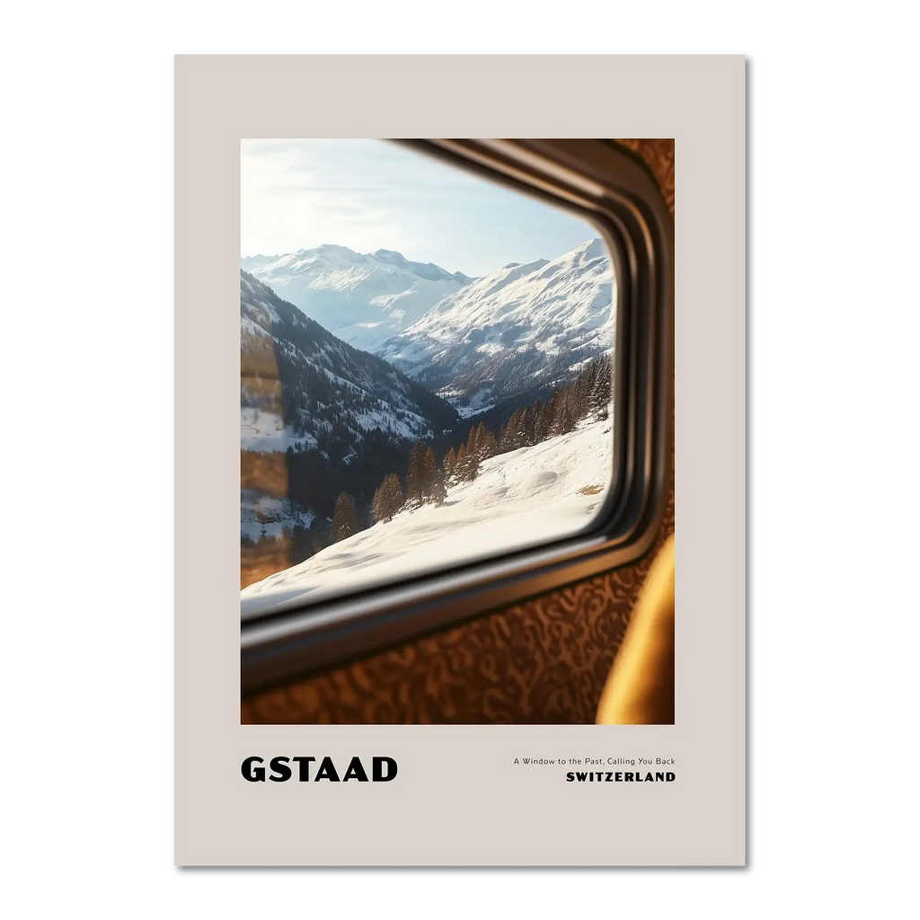 Gstaad - A Window to the Past, Calling You Back- Poster featuring a winter mountain view from a train window.