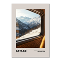 Gstaad - A Window to the Past, Calling You Back- Poster featuring a winter mountain view from a train window.