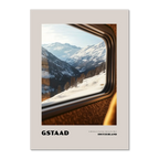 Gstaad - A Window to the Past, Calling You Back- Poster featuring a winter mountain view from a train window.