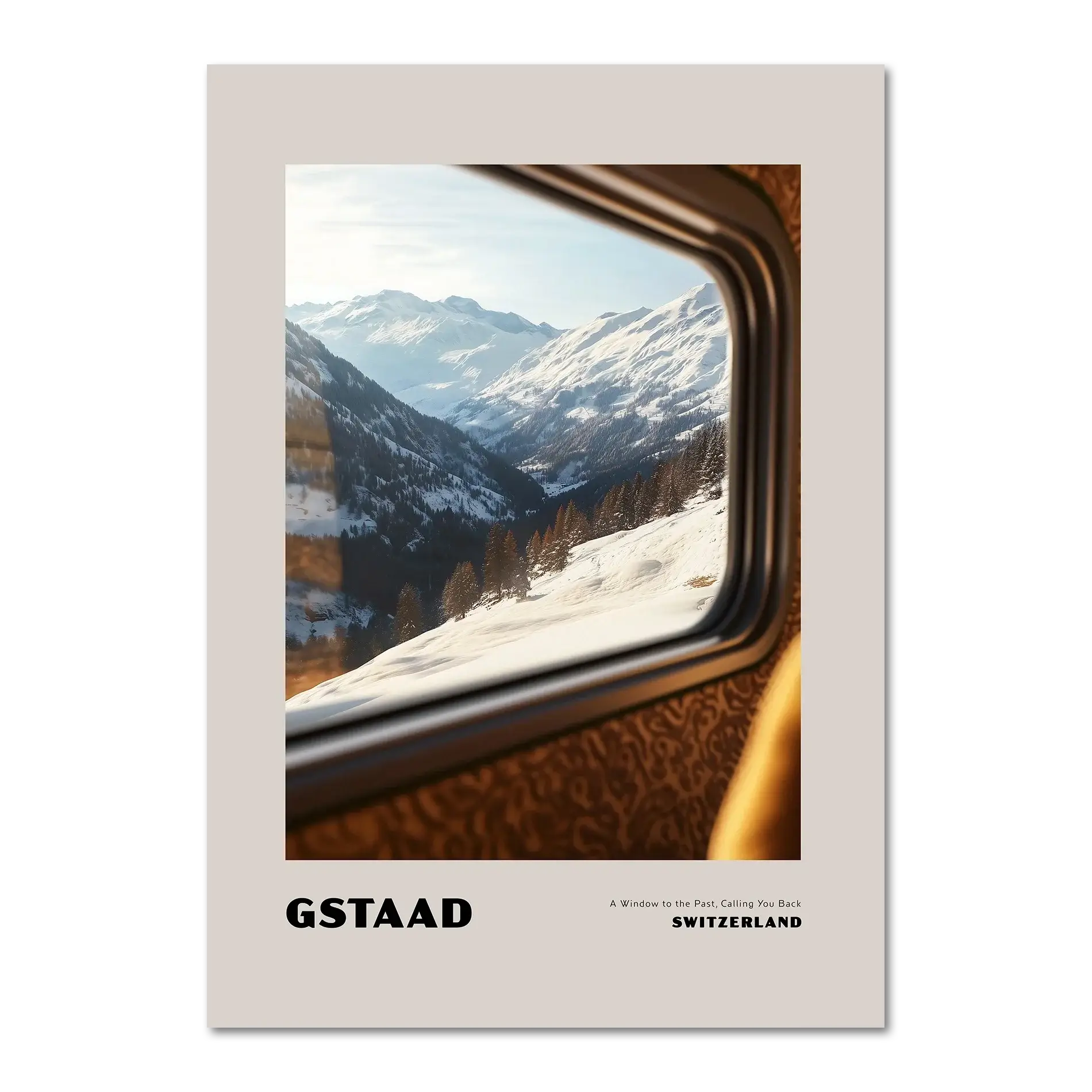 Gstaad - A Window to the Past, Calling You Back- Poster featuring a winter mountain view from a train window.
