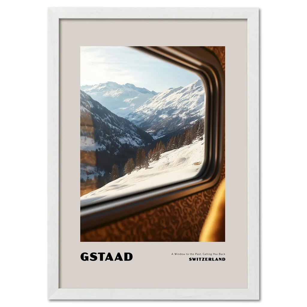 Gstaad - A Window to the Past, Calling You Back- Poster showing winter mountains through train window.