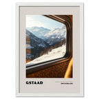 Gstaad - A Window to the Past, Calling You Back- Poster showing winter mountains through train window.