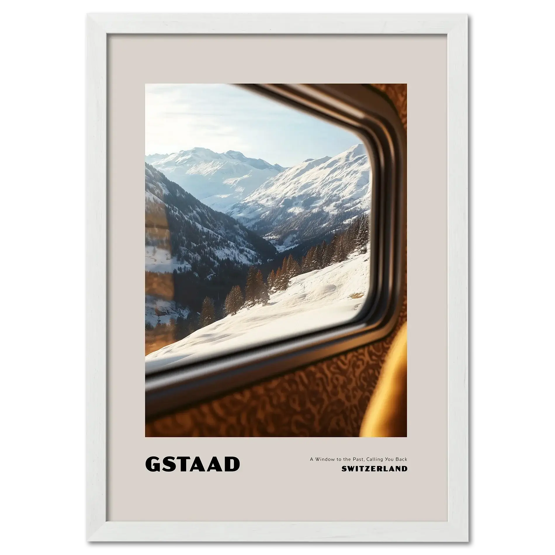 Gstaad - A Window to the Past, Calling You Back- Poster showing winter mountains through train window.
