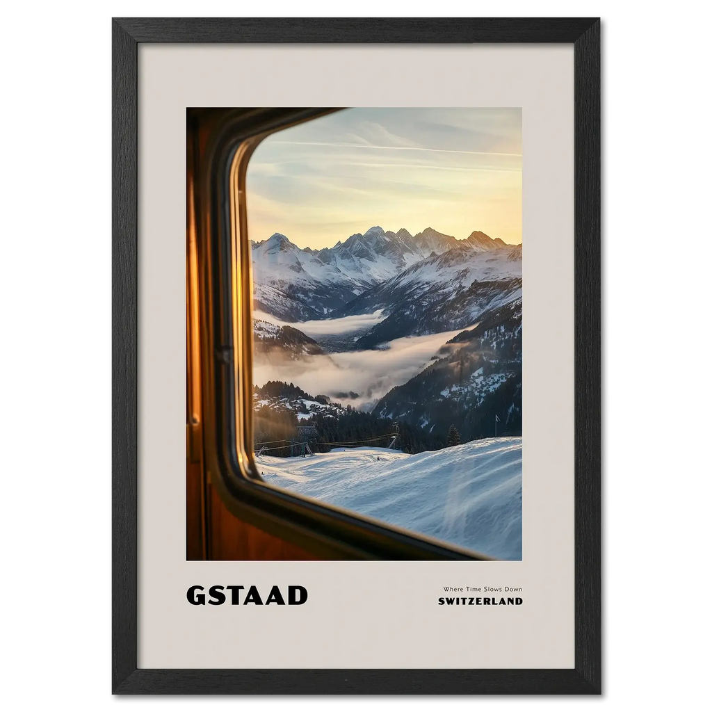 Gstaad - Where Time Slows Down - Poster depicting a serene winter sunrise view from a train window in Switzerland.