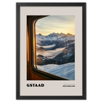 Gstaad - Where Time Slows Down - Poster depicting a serene winter sunrise view from a train window in Switzerland.