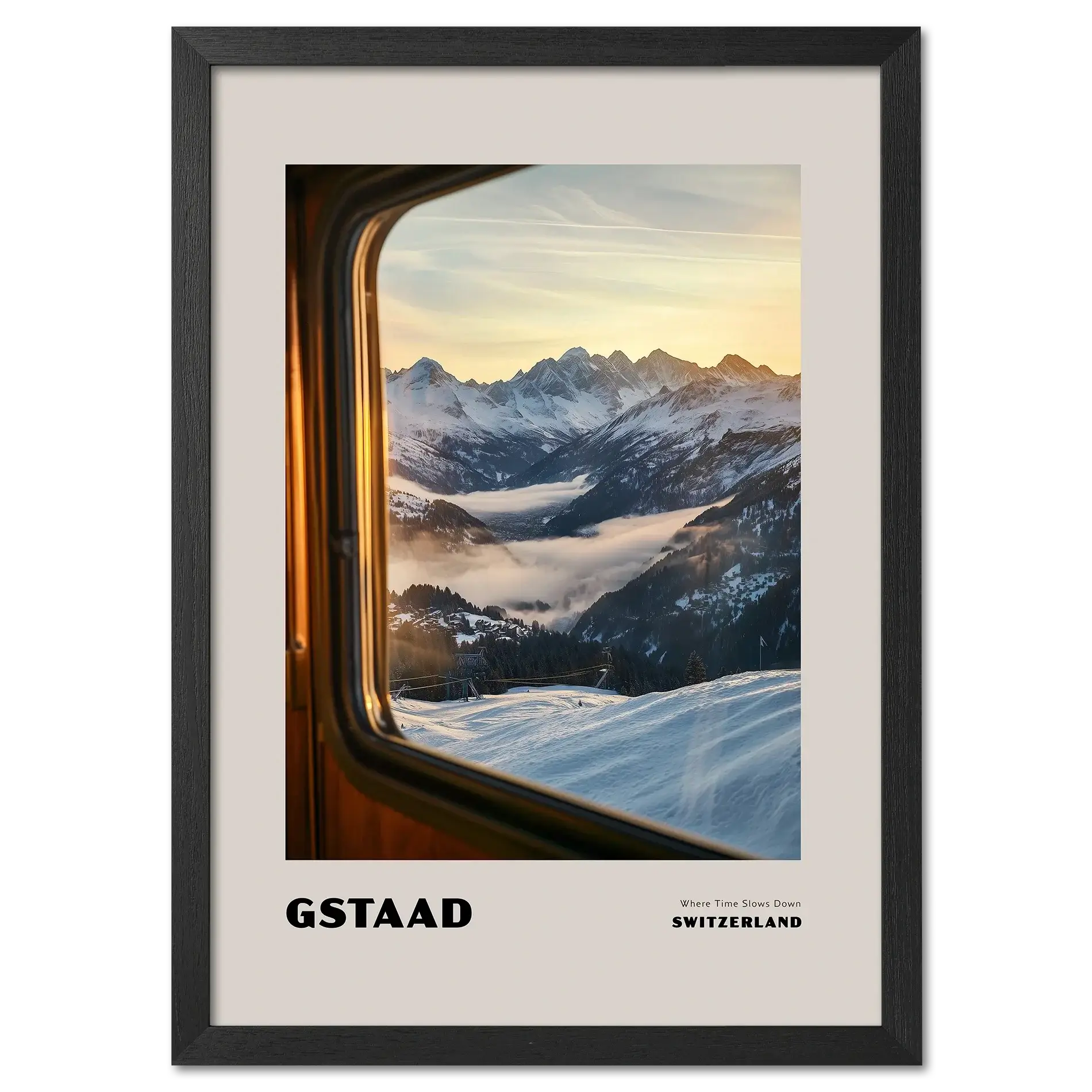 Gstaad - Where Time Slows Down - Poster depicting a serene winter sunrise view from a train window in Switzerland.