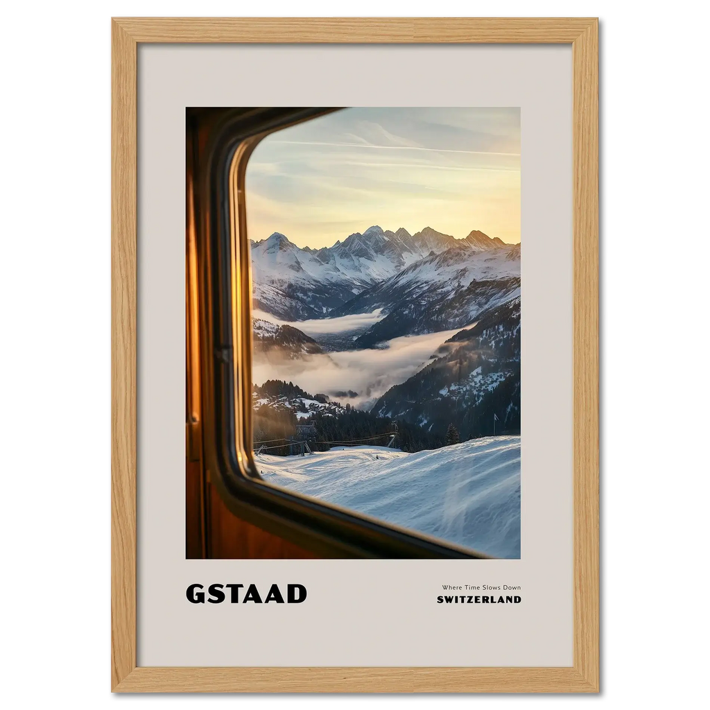 Gstaad - Where Time Slows Down - Poster showcasing a winter view of snowy mountains from a train window.