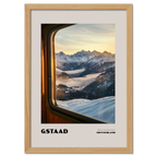 Gstaad - Where Time Slows Down - Poster showcasing a winter view of snowy mountains from a train window.