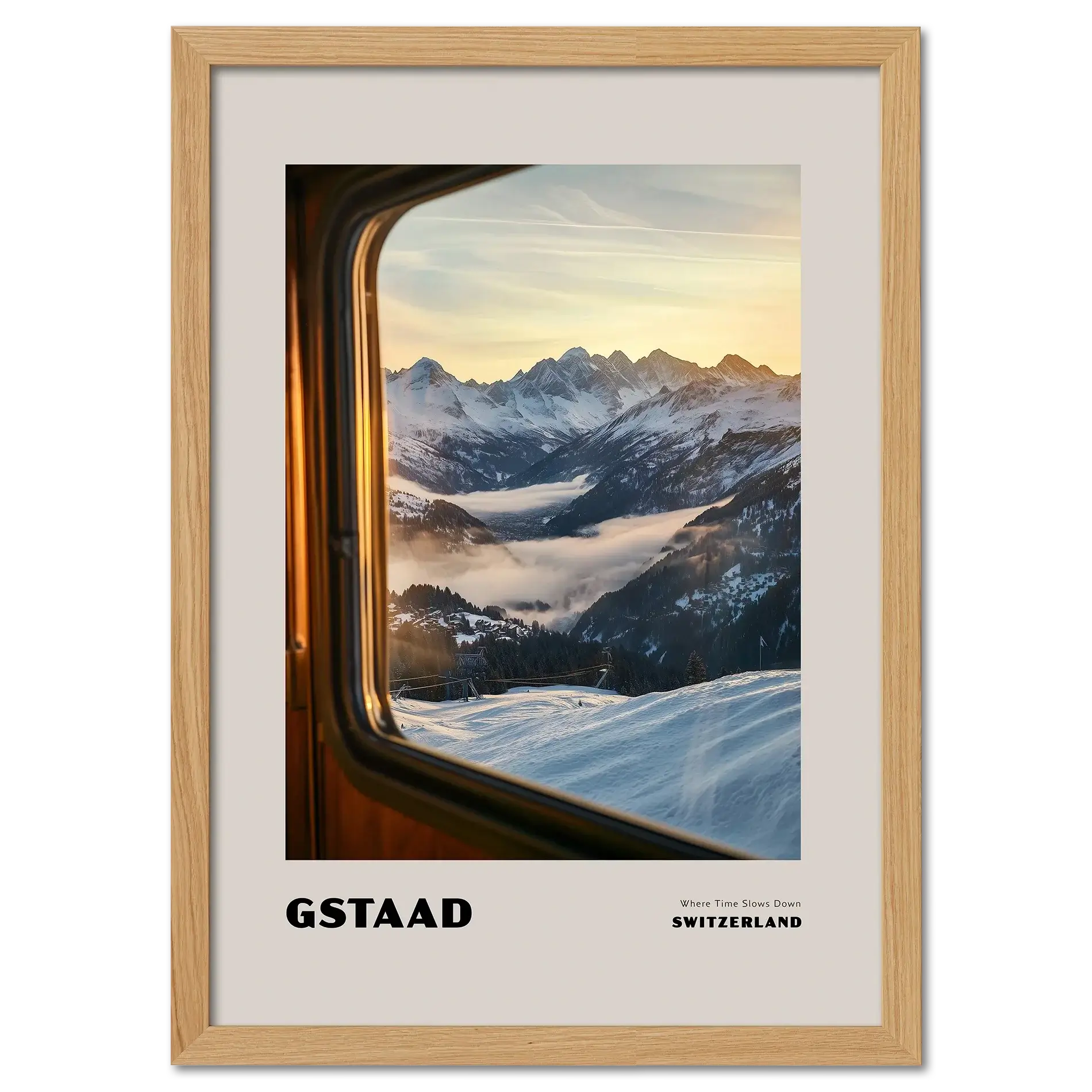 Gstaad - Where Time Slows Down - Poster showcasing a winter view of snowy mountains from a train window.