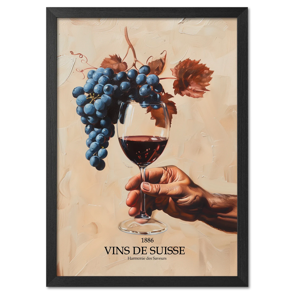 Before being in the glass - Poster featuring a hand holding a glass of red wine and dark grapes.