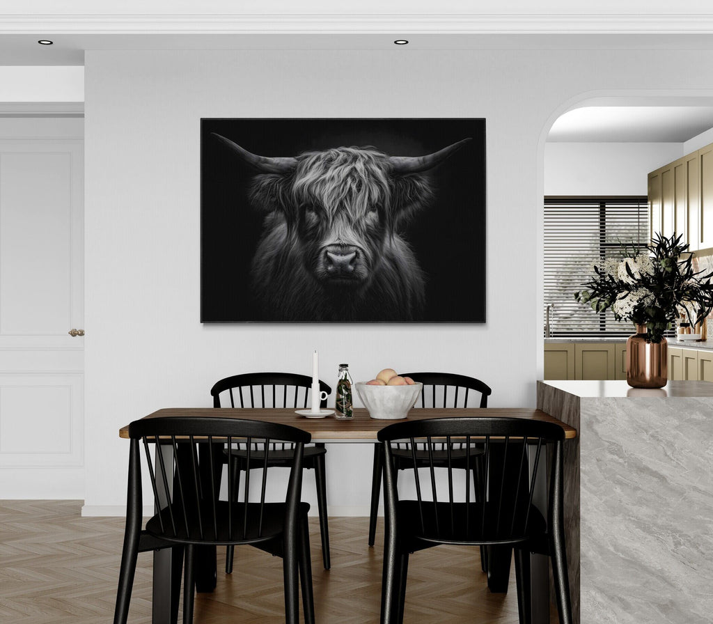 Strength of a highland cow - Alu-Dibond wall art displayed in a modern kitchen setting.