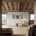 Highland Guardian – Alu-Dibond wall art displayed in a cozy alpine living room with wooden accents.