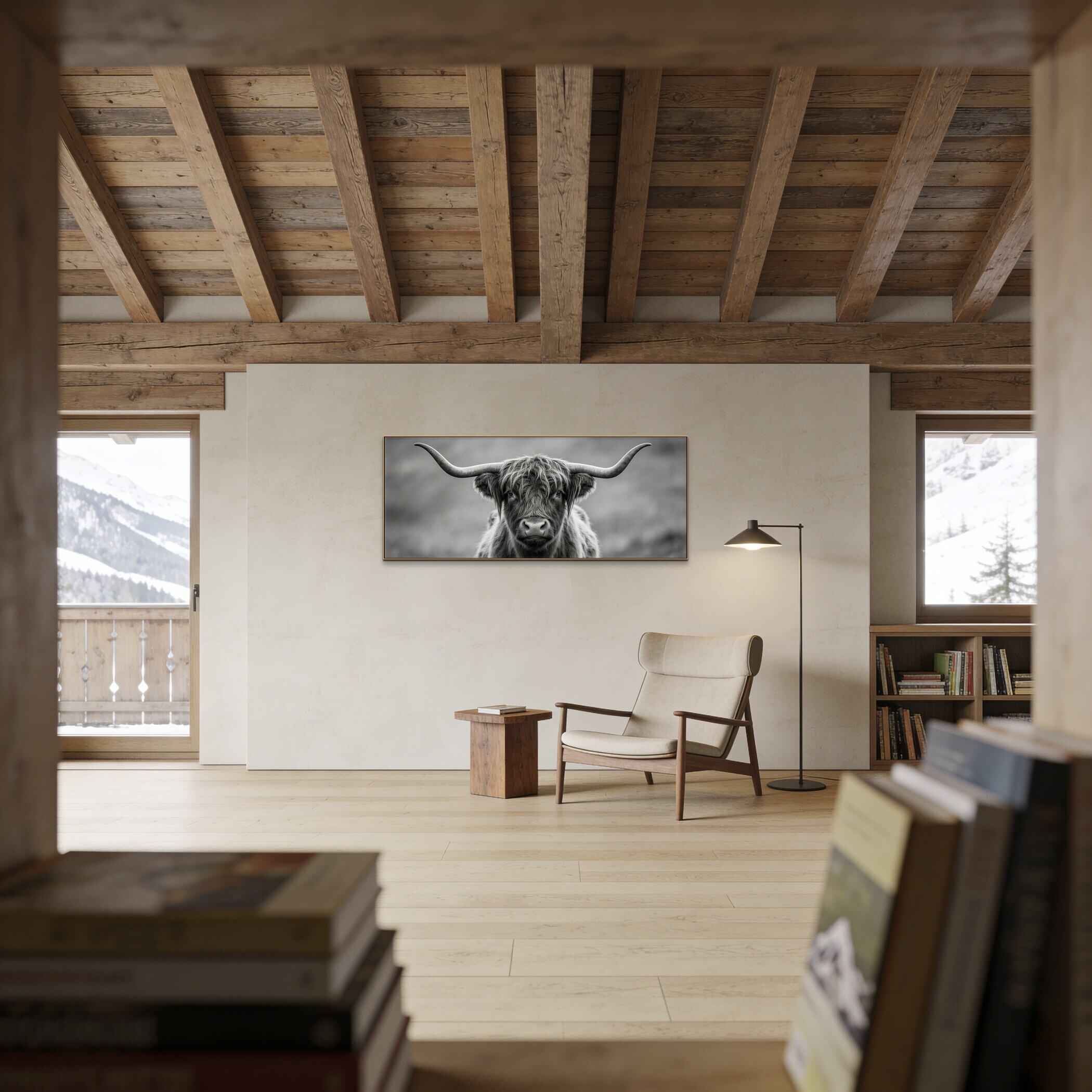 Highland Guardian – Alu-Dibond wall art displayed in a cozy alpine living room with wooden accents.
