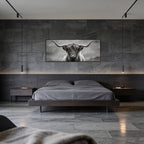 Highland Guardian – Alu-Dibond wall art featuring a Highland cow in a modern bedroom setting.