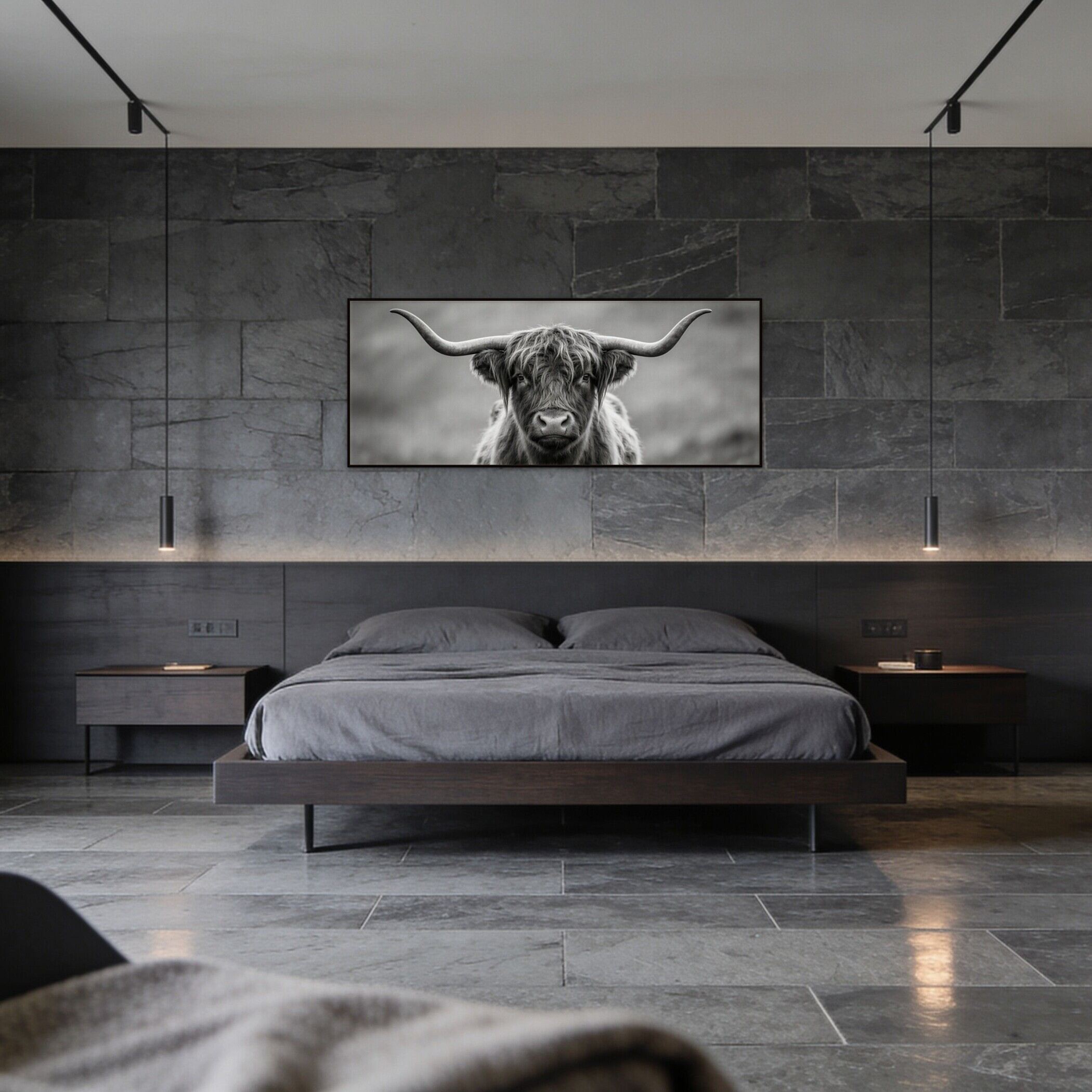 Highland Guardian – Alu-Dibond wall art featuring a Highland cow in a modern bedroom setting.