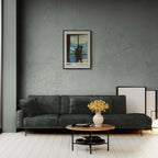 Hugs at the Hotel Window - Poster displayed in a modern living room with a dark sofa and round coffee table.