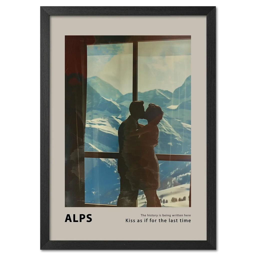 Hugs at the Hotel Window - Poster featuring a couple embracing in front of snowy Alps, creating a romantic and cinematic mood.
