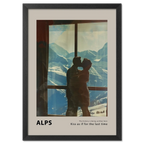 Hugs at the Hotel Window - Poster featuring a couple embracing in front of snowy Alps, creating a romantic and cinematic mood.