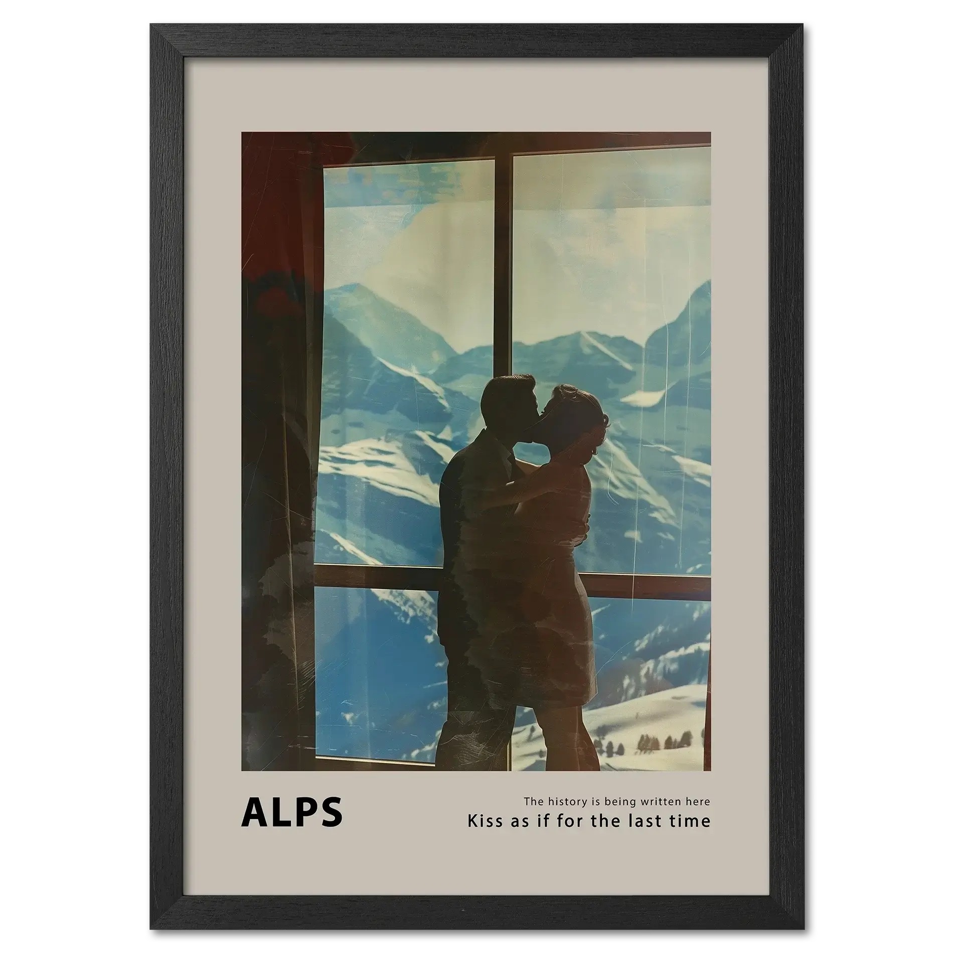 Hugs at the Hotel Window - Poster featuring a couple embracing in front of snowy Alps, creating a romantic and cinematic mood.