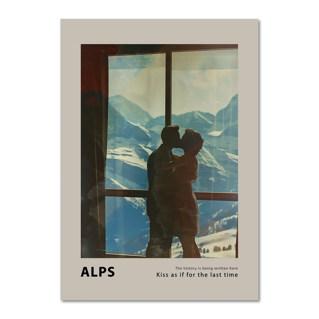 Hugs at the Hotel Window - Poster featuring a couple kissing by a window with snowy Alps backdrop.