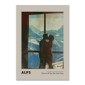 Hugs at the Hotel Window - Poster featuring a couple kissing by a window with snowy Alps backdrop.