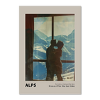 Hugs at the Hotel Window - Poster featuring a couple kissing by a window with snowy Alps backdrop.