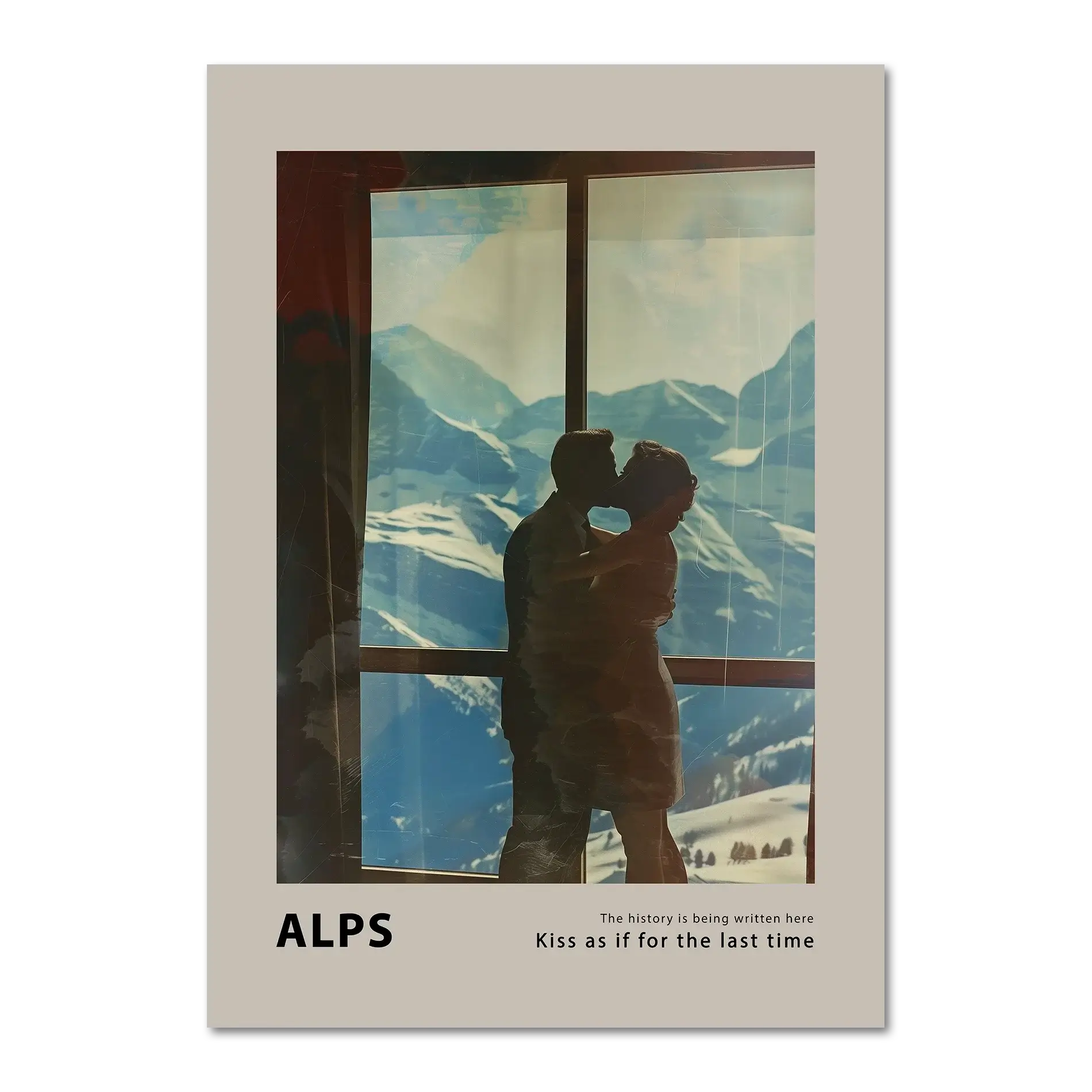 Hugs at the Hotel Window - Poster featuring a couple kissing by a window with snowy Alps backdrop.
