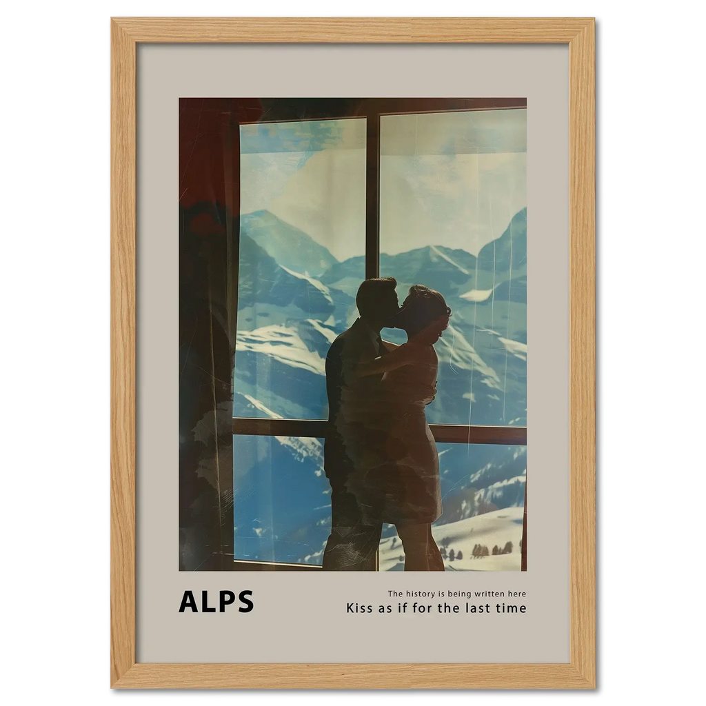 Hugs at the Hotel Window - Poster featuring a couple silhouetted against snowy Alps, capturing a romantic moment.