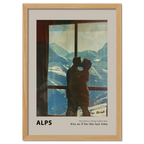 Hugs at the Hotel Window - Poster featuring a couple silhouetted against snowy Alps, capturing a romantic moment.