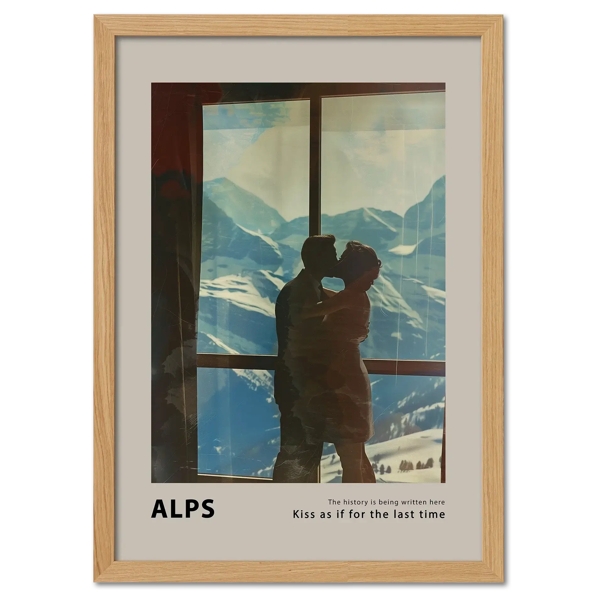 Hugs at the Hotel Window - Poster featuring a couple silhouetted against snowy Alps, capturing a romantic moment.