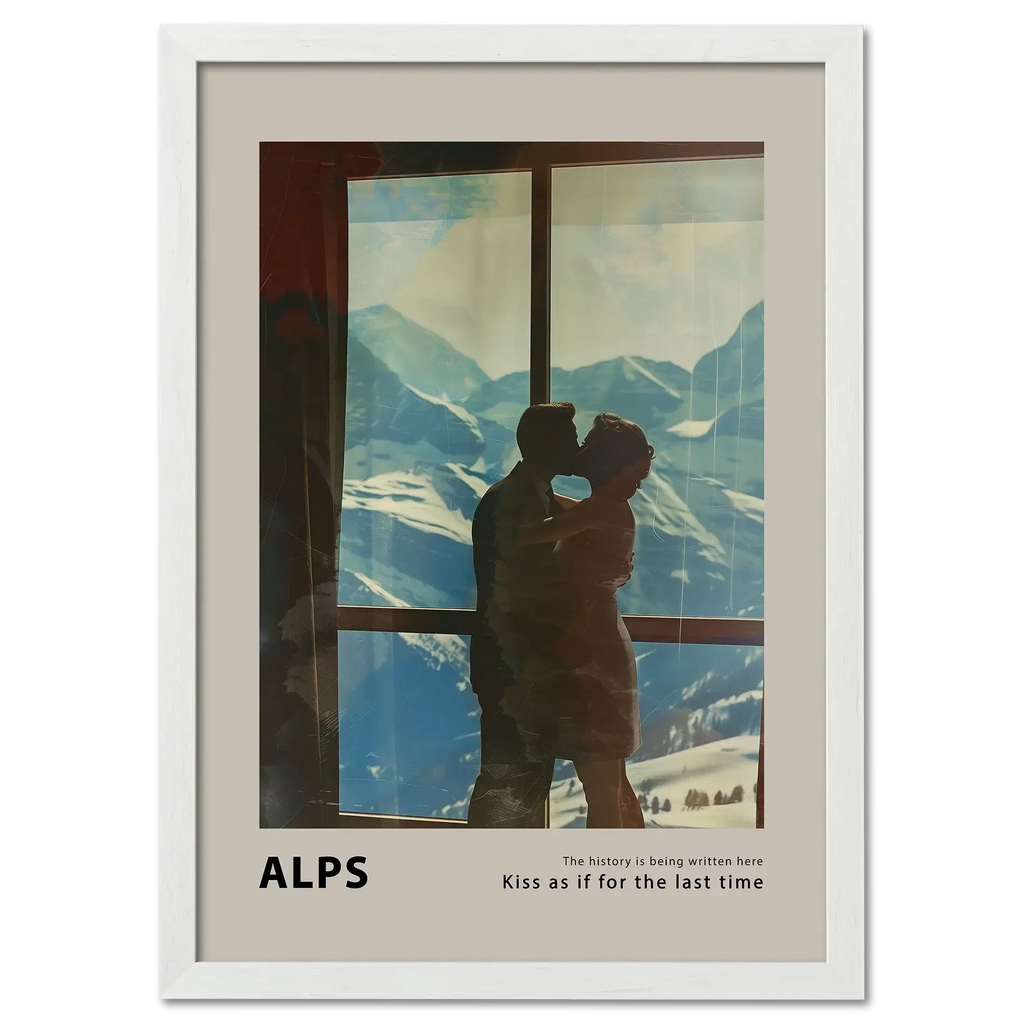 Hugs at the Hotel Window - Poster showing a couple embracing with snowy Alpine mountains in the background.