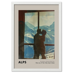 Hugs at the Hotel Window - Poster showing a couple embracing with snowy Alpine mountains in the background.