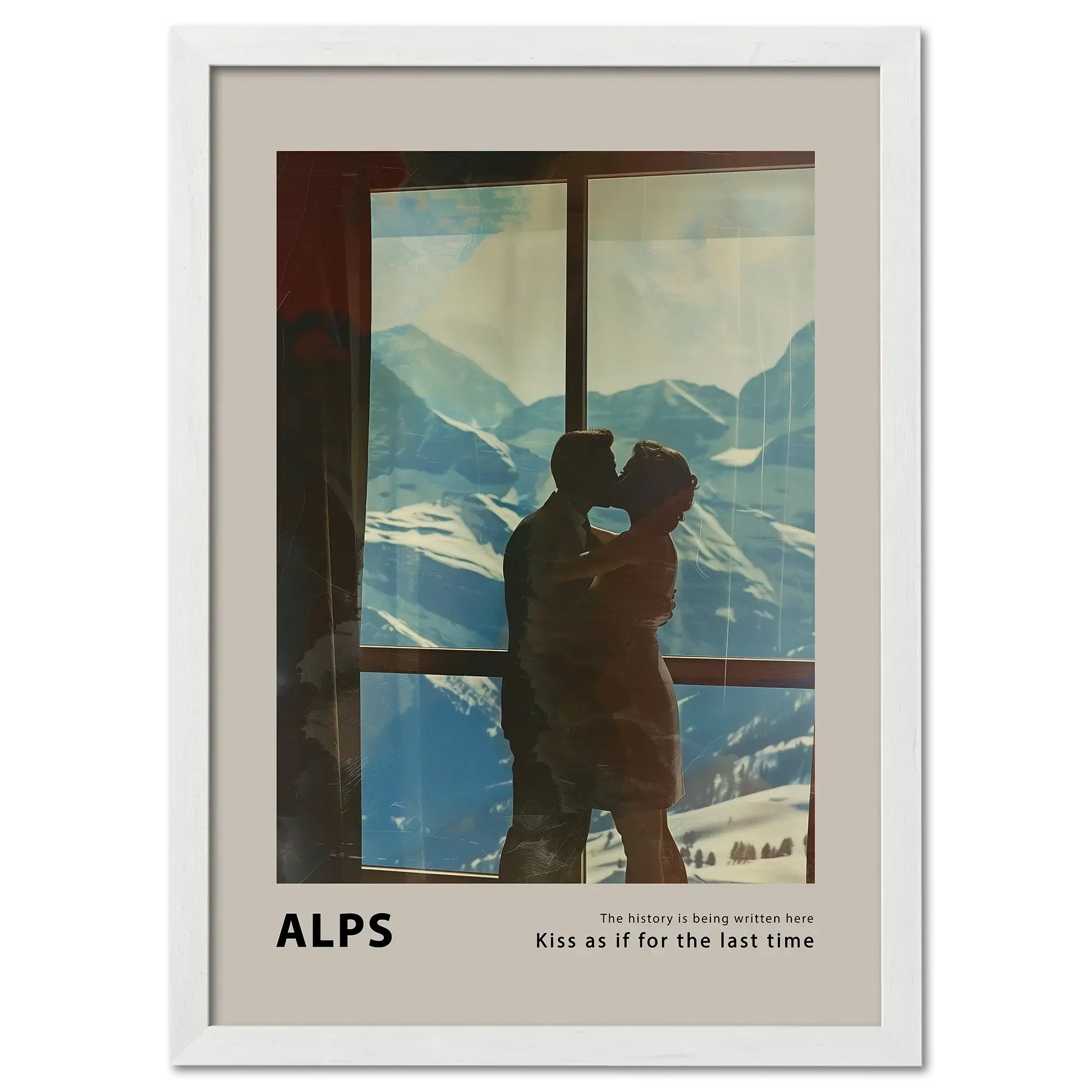 Hugs at the Hotel Window - Poster showing a couple embracing with snowy Alpine mountains in the background.