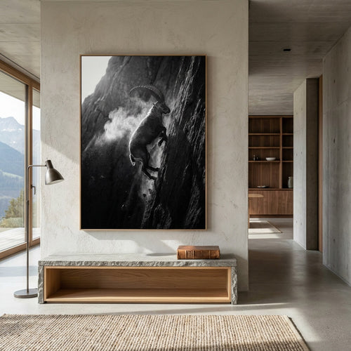 Ibex Against Gravity displayed as Premium alps Wall Art large, featuring an Alpine ibex climbing a rock face.