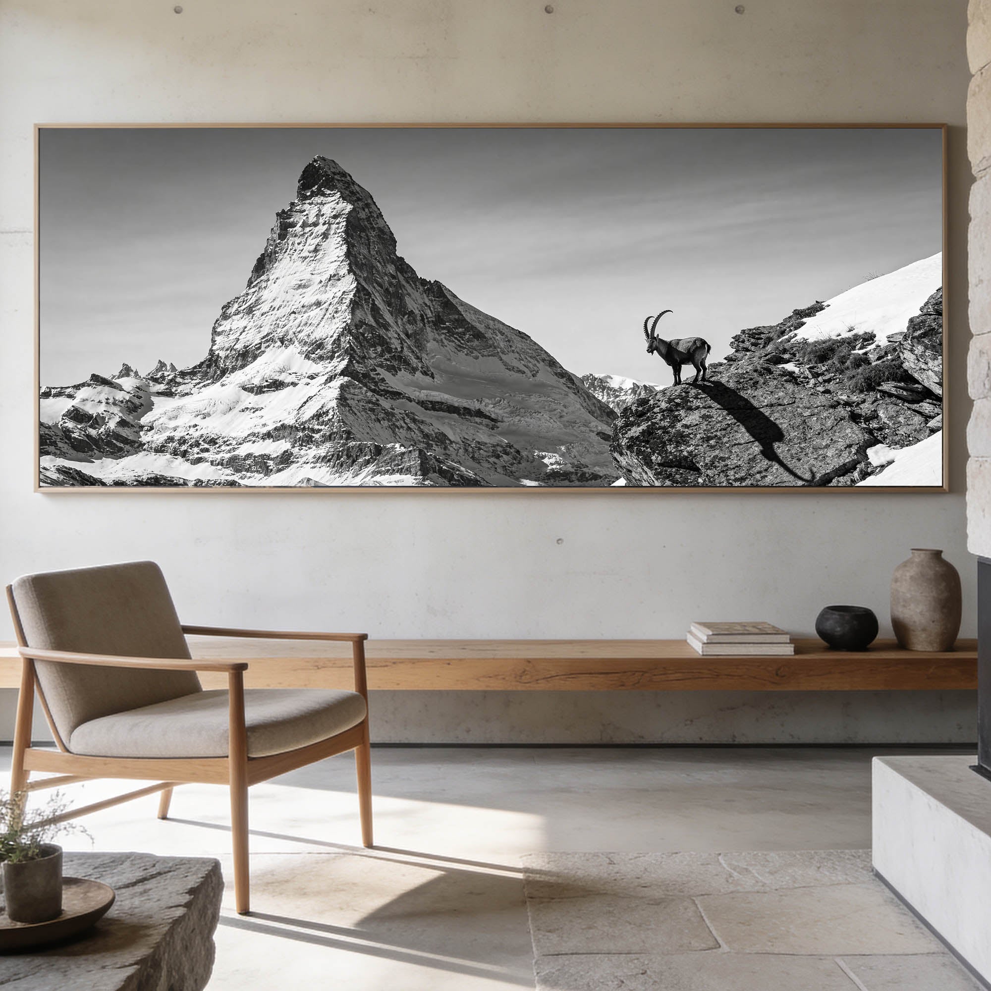 Ibex Before the Matterhorn – Alu-Dibond wall art showcasing an alpine ibex and the Matterhorn mountain.