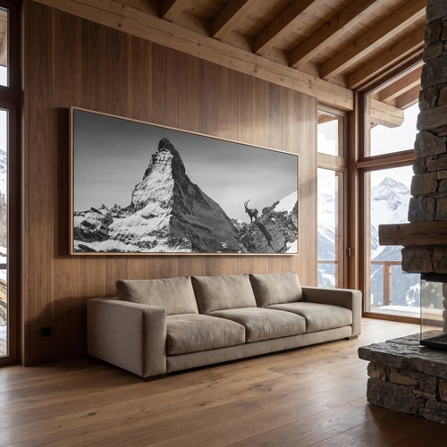 Ibex Before the Matterhorn artwork displayed as Large-Scale Alpine Wall Art in a mountain cabin setting.