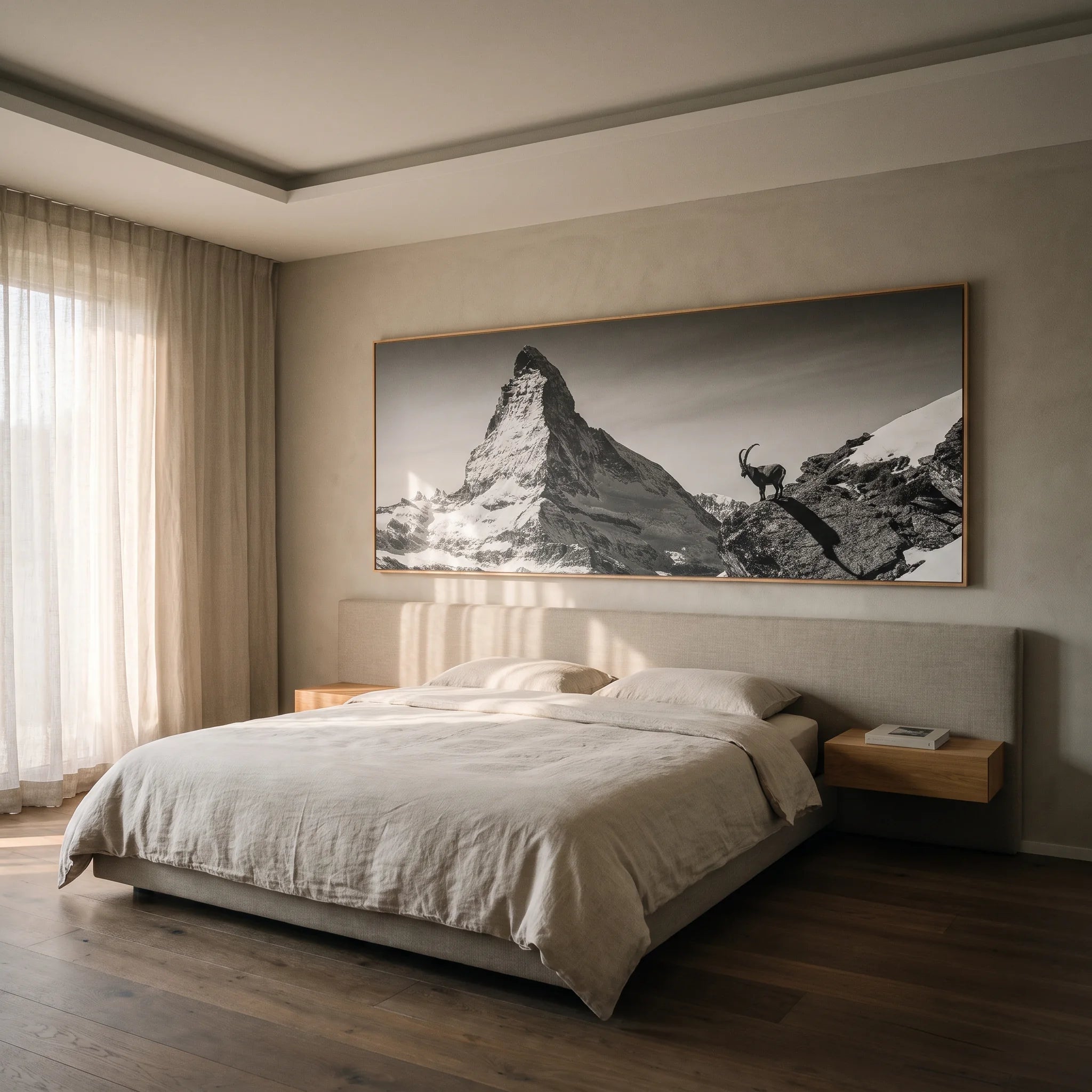 Ibex Before the Matterhorn Large-Scale Alpine Wall Art displayed in a modern bedroom setting.