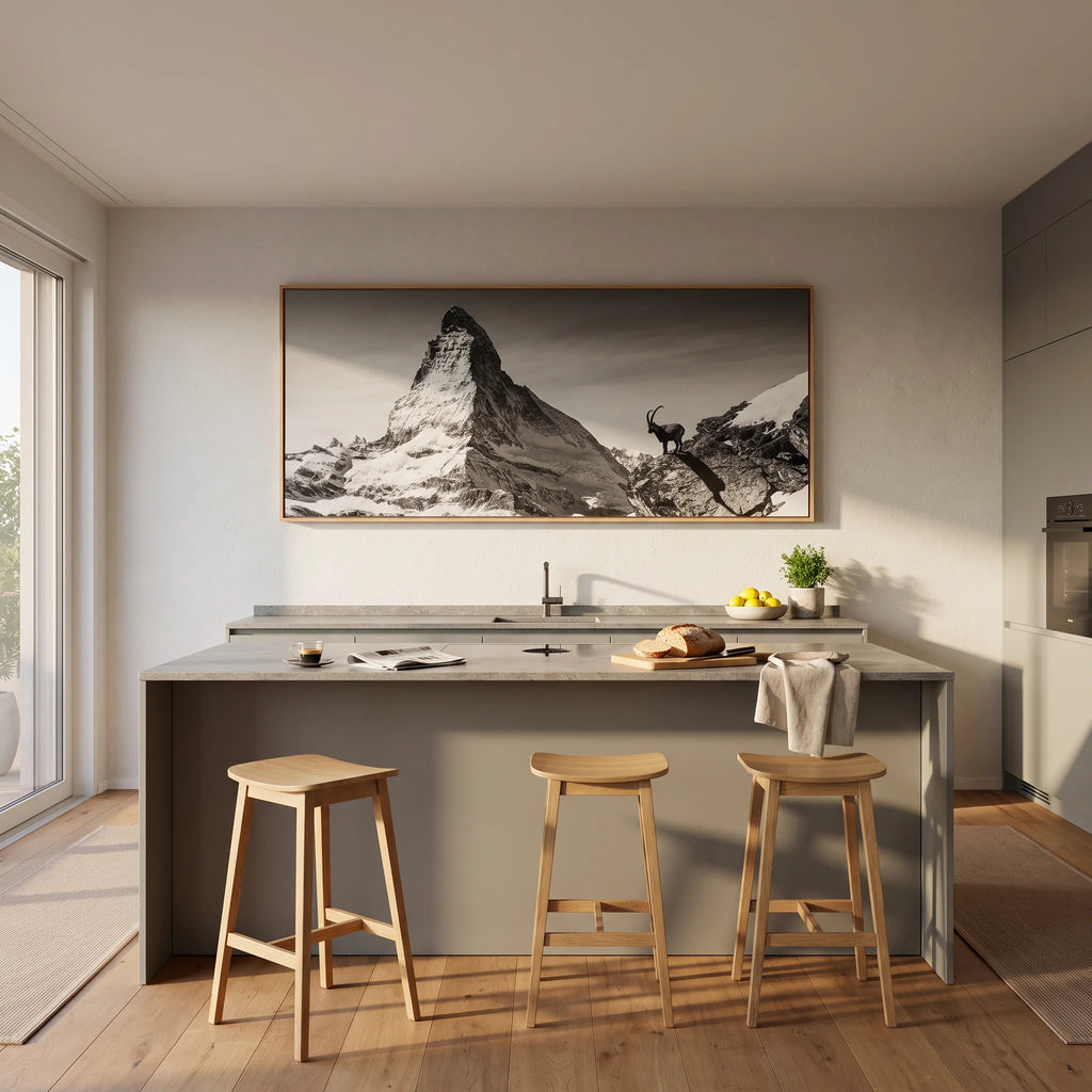 Ibex Before the Matterhorn featured in large-scale alpine wall art, enhancing modern kitchen decor.