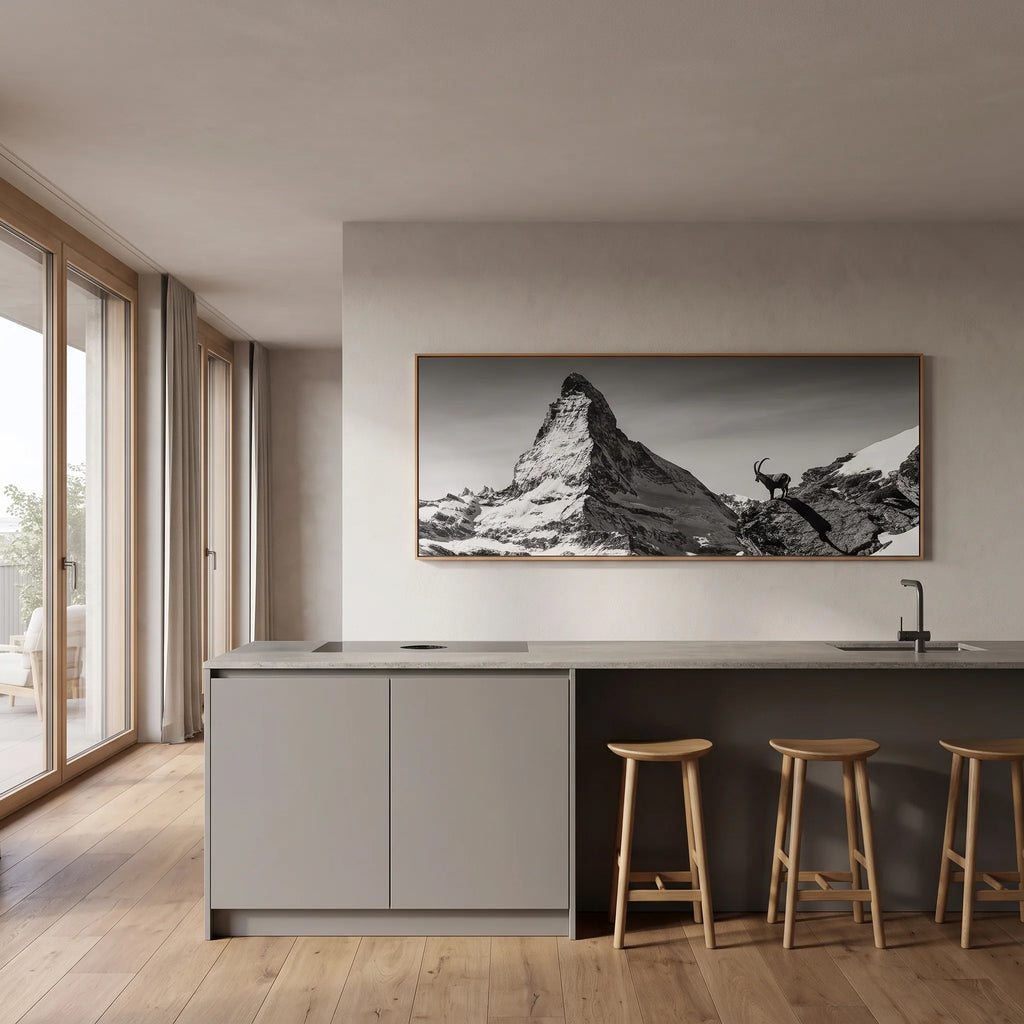 Ibex Before the Matterhorn Large-Scale Alpine Wall Art displayed in a modern kitchen setting.