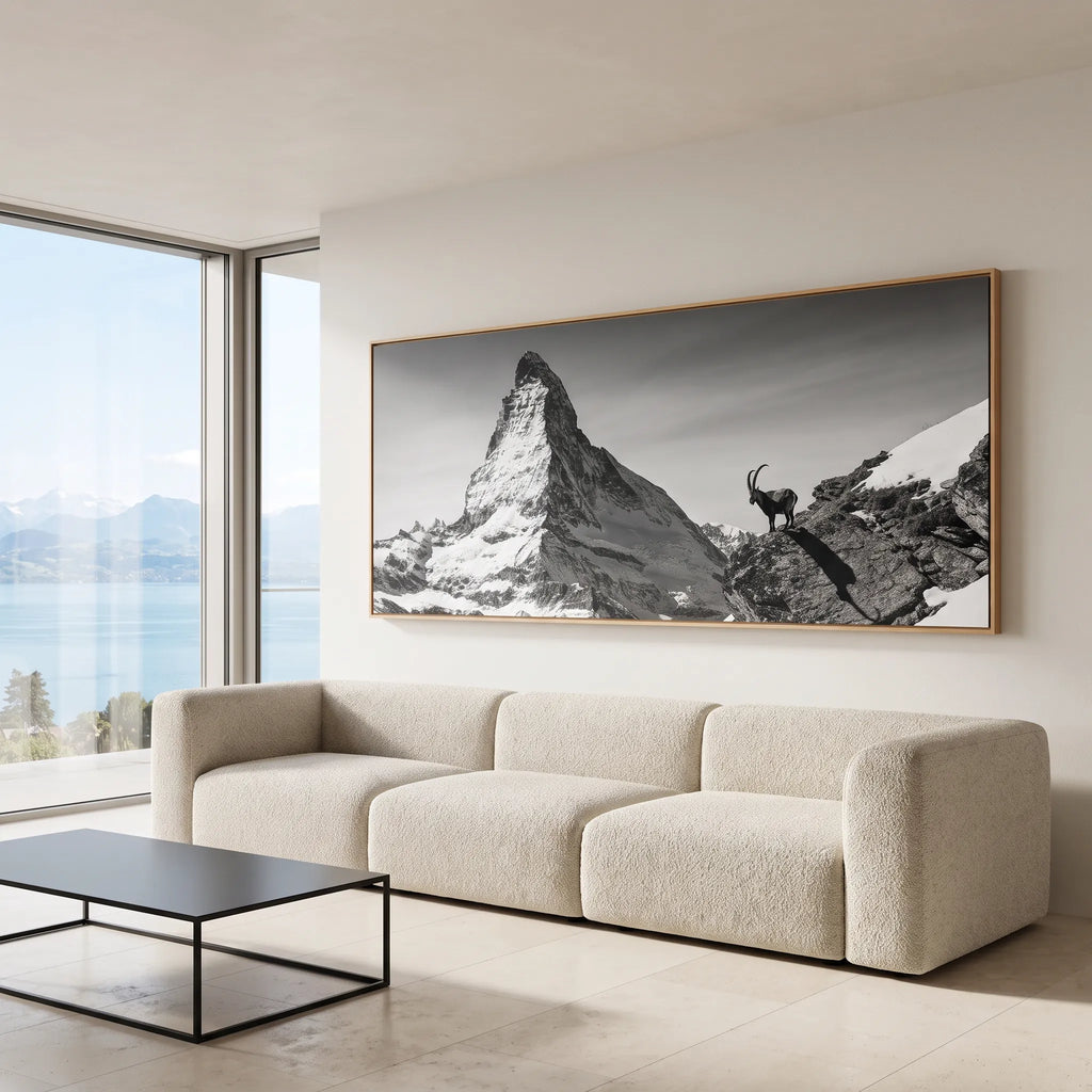 Ibex Before the Matterhorn, Large-Scale Alpine Wall Art in modern living room with mountain view.