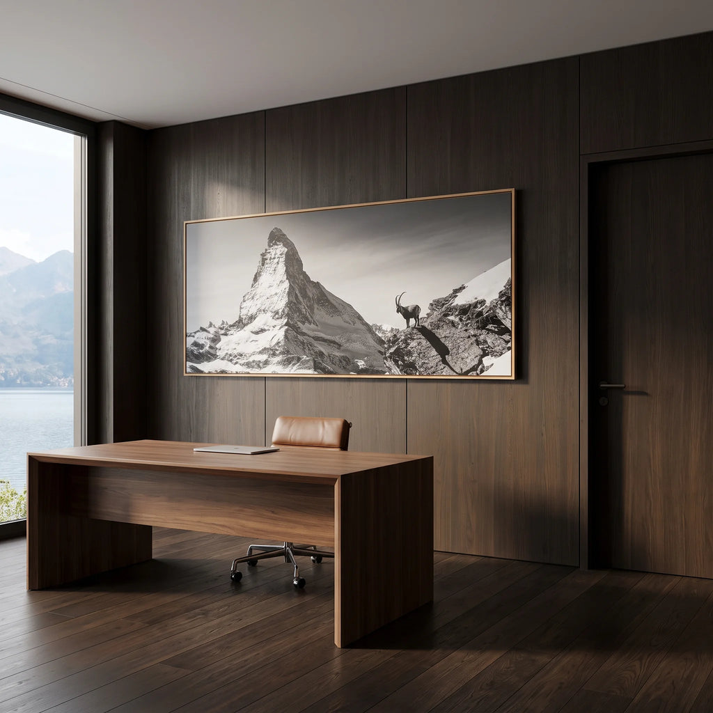 Ibex Before the Matterhorn featured as Large-Scale Alpine Wall Art in a modern office setting with mountain view.