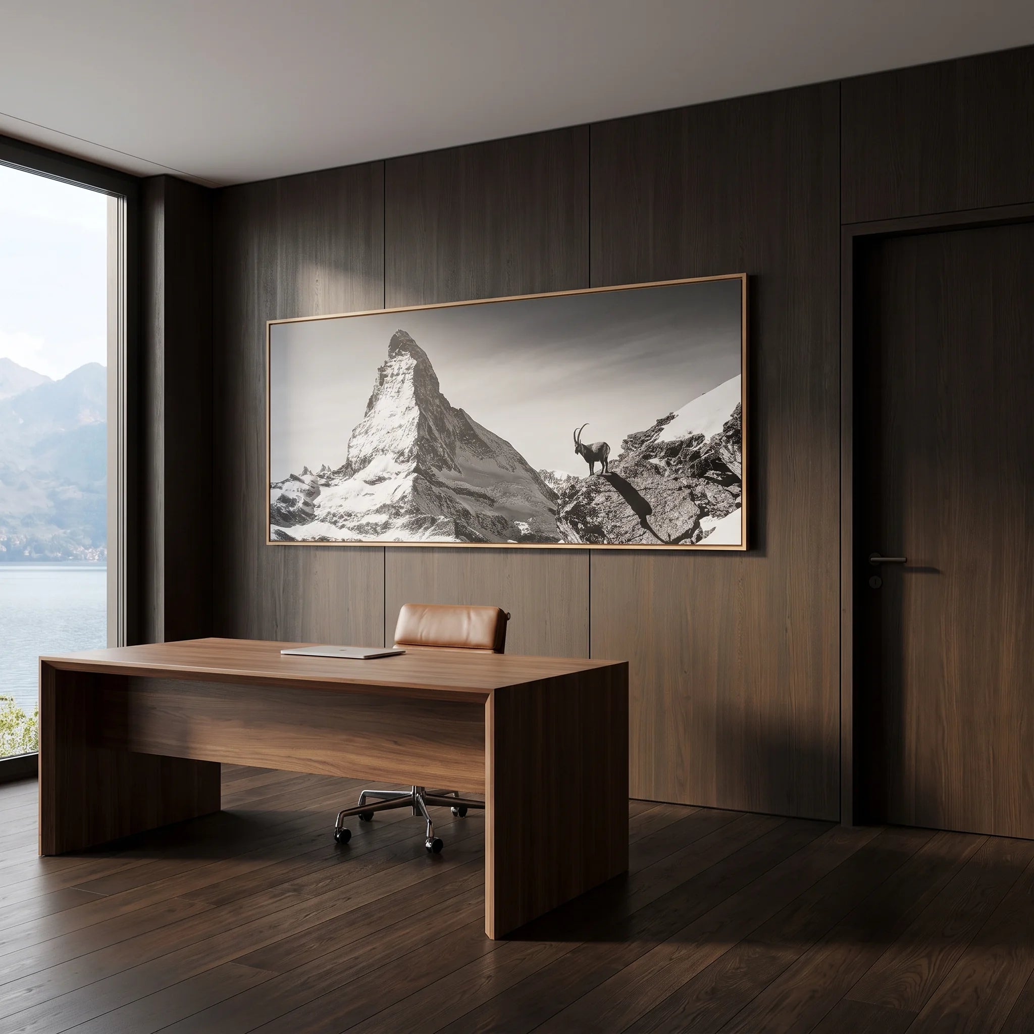 Ibex Before the Matterhorn featured as Large-Scale Alpine Wall Art in a modern office setting with mountain view.
