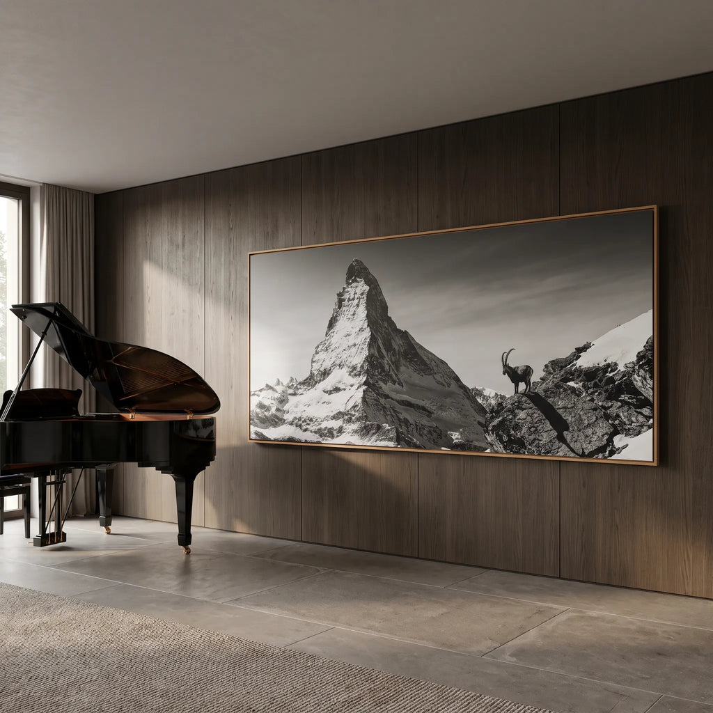 Ibex Before the Matterhorn, a large-scale alpine wall art featuring an ibex and Matterhorn in a stylish interior.