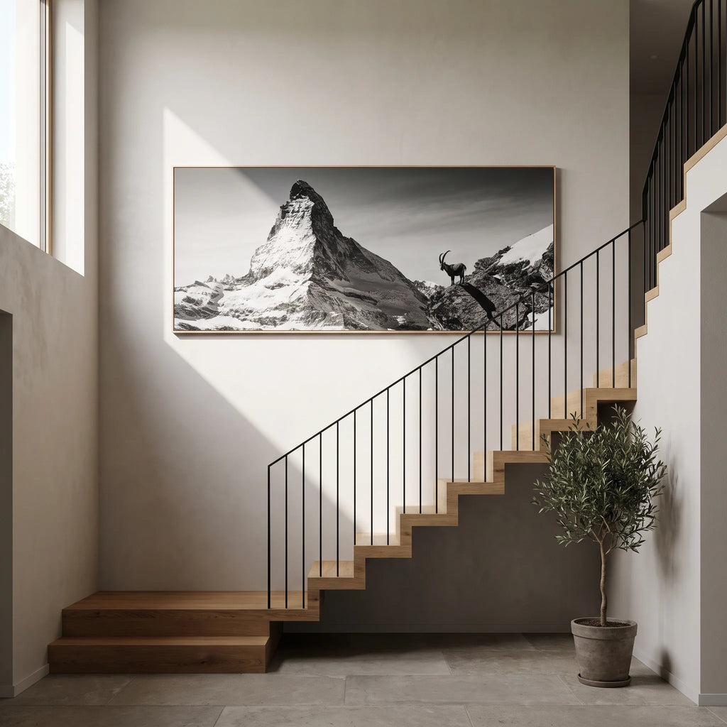 Ibex Before the Matterhorn artwork displayed as Large-Scale Alpine Wall Art in a modern staircase setting.