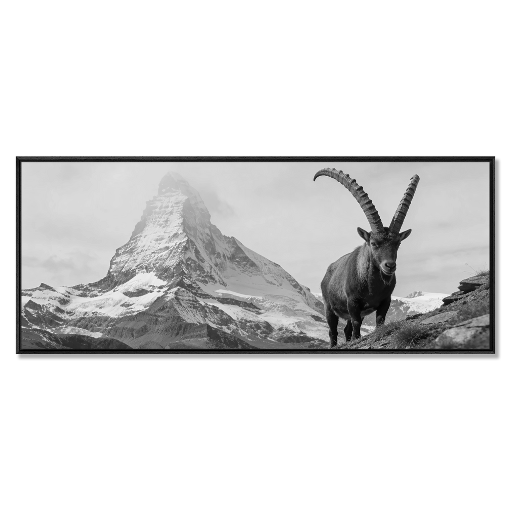 Ibex Foreground, Matterhorn – Alu-Dibond wall art featuring an alpine ibex and the Matterhorn in the background.