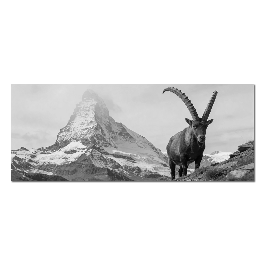 Ibex Foreground, Matterhorn – Alu-Dibond wall art featuring an alpine ibex in front of the Matterhorn.