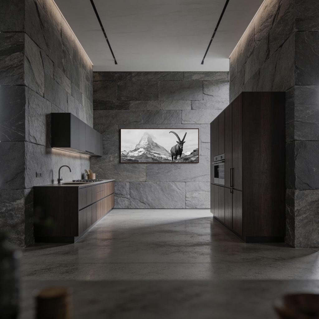 Ibex Foreground, Matterhorn – Alu-Dibond wall art displayed in a modern kitchen with stone walls.