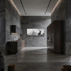 Ibex Foreground, Matterhorn – Alu-Dibond wall art displayed in a modern kitchen with stone walls.