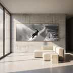 Ibex Through the Alpine Storm artwork displayed as Large-Scale Alpine Wall Art in a modern living room.
