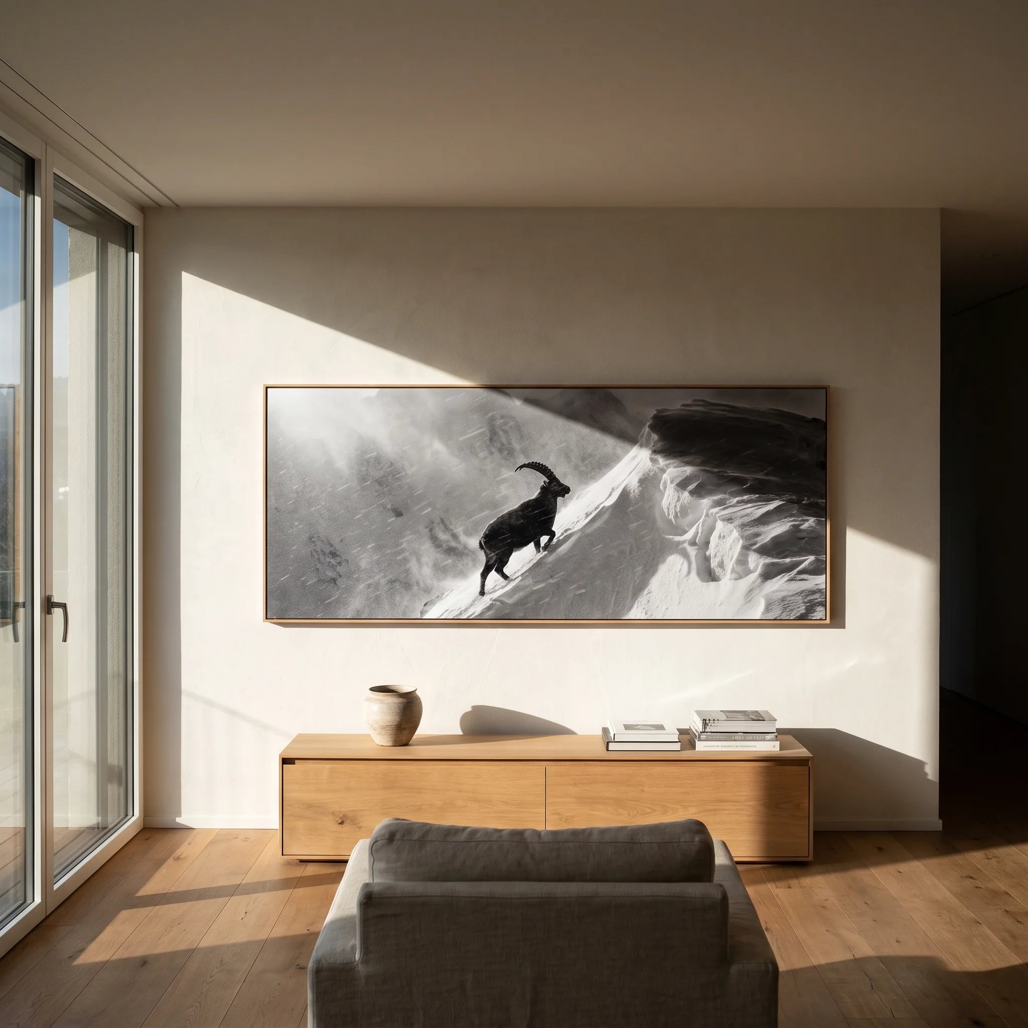 Ibex Through the Alpine Storm artwork as large-scale alpine wall art in modern interior